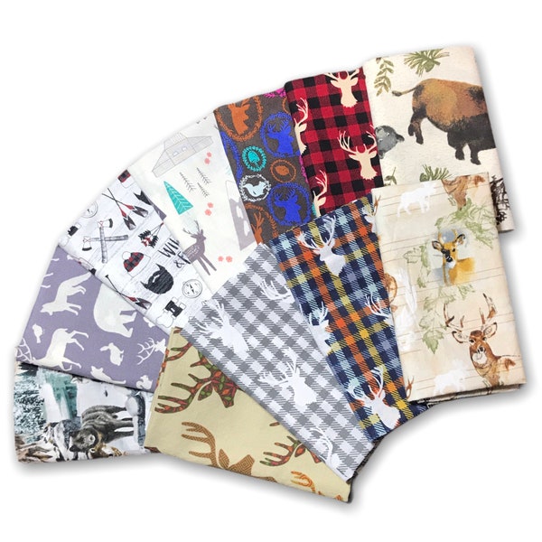 Hunting Fabric Fat Quarter Lot Bundle Mystery Set of 1 - 10 NO Duplicates Mixed FQ 100% Cotton 1/4 Yard Plaid Woodland Animals Deer Elk