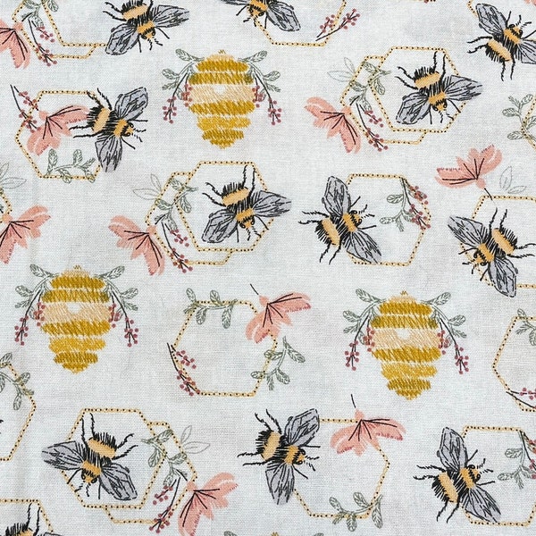 Spring Embroidered Bee Honey Comb Floral Calico flowers Fabric By Fat quarter FQ Half Many Patterns available 100% Cotton 1/4 Yard  Hive#