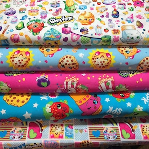 Shopkins Toss Fabric By Fat quarter FQ Half Many Patterns available 100% Cotton 1/4 Yard Cookie Cupcake Lipstick Cartoon