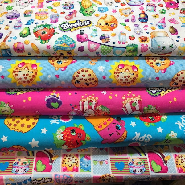 Shopkins Toss Fabric By Fat quarter FQ Half Many Patterns available 100% Cotton 1/4 Yard Cookie Cupcake Lipstick Cartoon