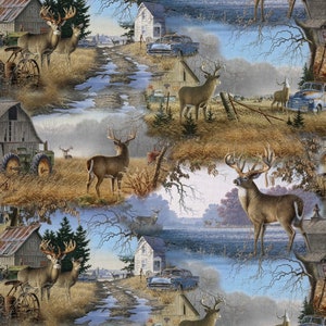 Country Deer Hunting Woodland Animals Fabric By the Yard FBTY Fat quarters FQ Half 100% Cotton David Textiles Wild Mountain #5468