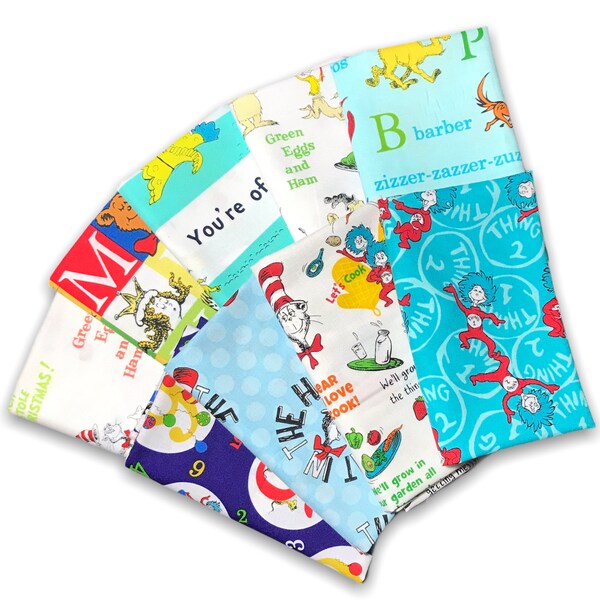 Dr. Seuss Fabric Fat Quarter Lot Bundle Mystery Set of 1 - 20 NO Duplicates Mixed FQ 100% Cotton 1/4 Yard Fish Red Yellow Cat in the Hat