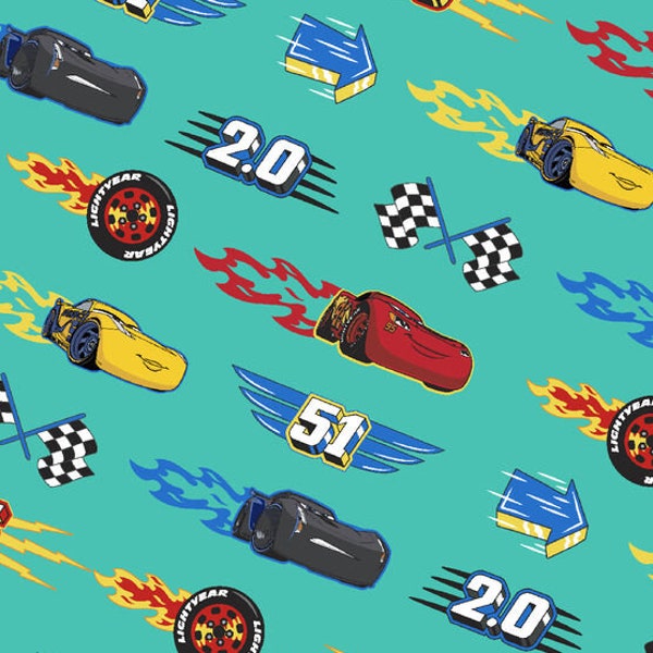 Disney Cars Fabric By Fat quarter FQ Half Many Patterns available 100% Cotton 1/4 Yard Pixar Animation Aqua Bright Blue #3388