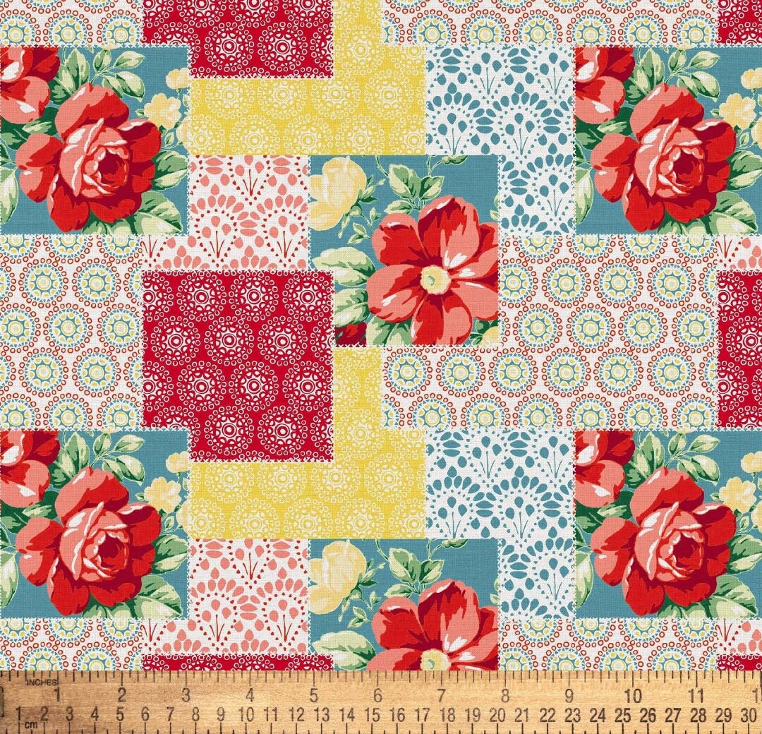 The Pioneer Woman Vintage Floral Patchwork Teal Fabric by the Fat ...