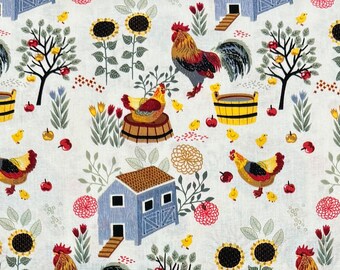 Farm Rooster Hen Fabric By Fat quarter FQ Half Many Patterns available 100% Cotton 1/4 Yard Hen House Chicks Farmer #