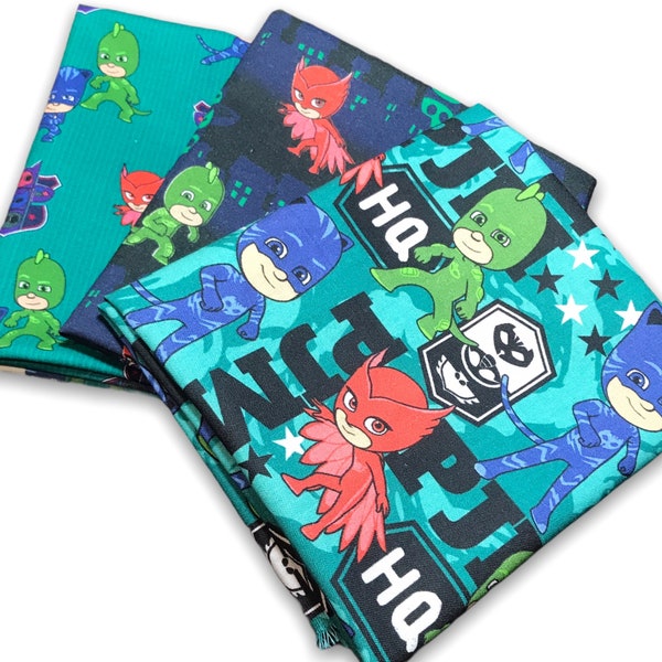 PJ Mask Fabric Fat Quarter Lot Bundle Mystery Set of 1 - 3 NO Duplicates Mixed FQ 100% Cotton 1/4 Yard Cat Boy Owlette Gecko Red Blue Green