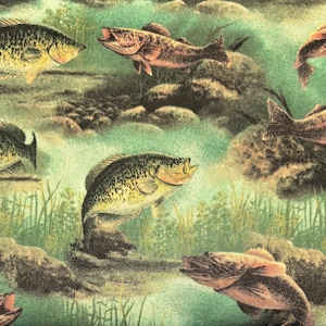 May include: A repeating pattern featuring various fish in a natural aquatic setting. The fish are depicted in shades of brown, yellow, and green, with open mouths, amidst rocks and aquatic plants. The background is a blend of green and blue.