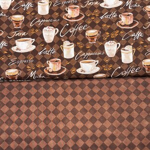 May include: A brown and white fabric with a repeating pattern of coffee cups and coffee beans. The fabric has a checkered background. The text "Coffee" appears multiple times on the fabric.