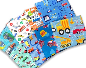 Vehicles Fabric Fat Quarter Lot Bundle Mystery Set of 1 - 10 NO Duplicates Mixed FQ 100% Cotton 1/4 Yard Traffic Construction Fire Truck Car