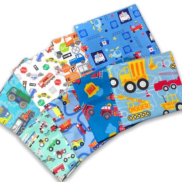 Vehicles Fabric Fat Quarter Lot Bundle Mystery Set of 1 - 10 NO Duplicates Mixed FQ 100% Cotton 1/4 Yard Traffic Construction Fire Truck Car