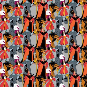 May include: A colorful fabric featuring a repeating pattern of Disney villains, including Scar from The Lion King, Captain Hook from Peter Pan, and Jafar from Aladdin. The villains are depicted in their iconic poses and costumes, with a gray background.
