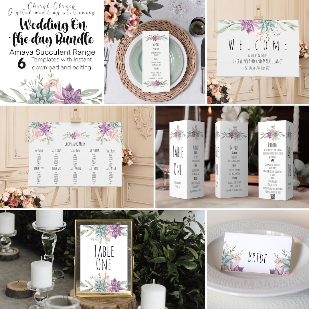 Wedding Stationery Bundle Template Set, Succulents Floral Wedding