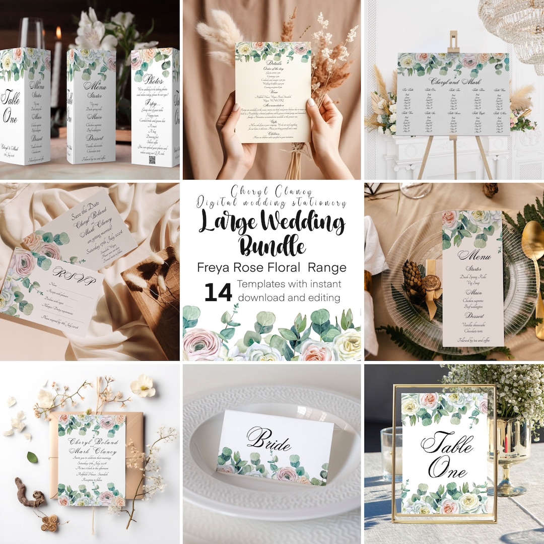 Wedding Stationery Bundle Template Set, Pink Rose Floral Wedding