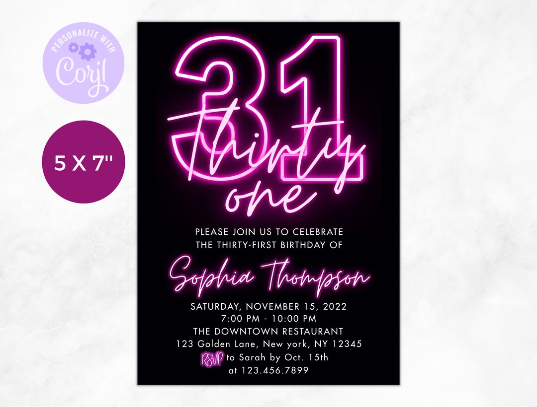 31st Birthday Invitation, Thirty First Birthday, Pink Neon Birthday