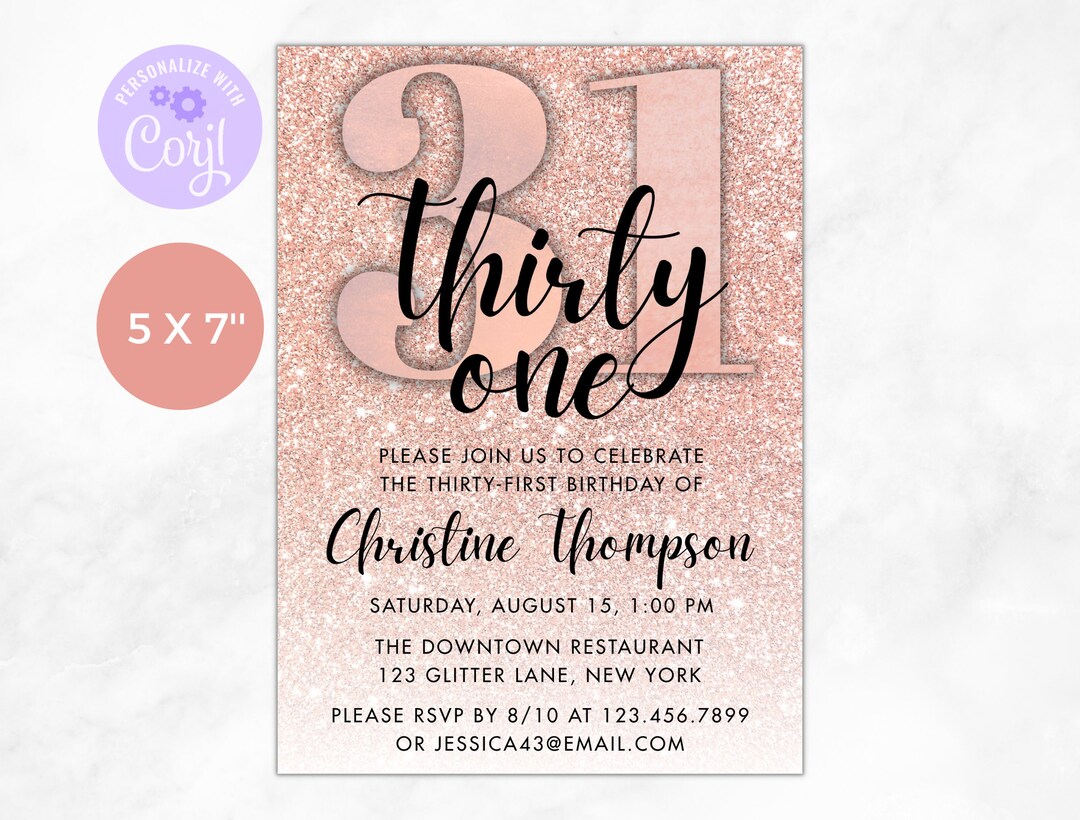 Rose Gold 31st Birthday Invitation, Glitter Birthday, Digital