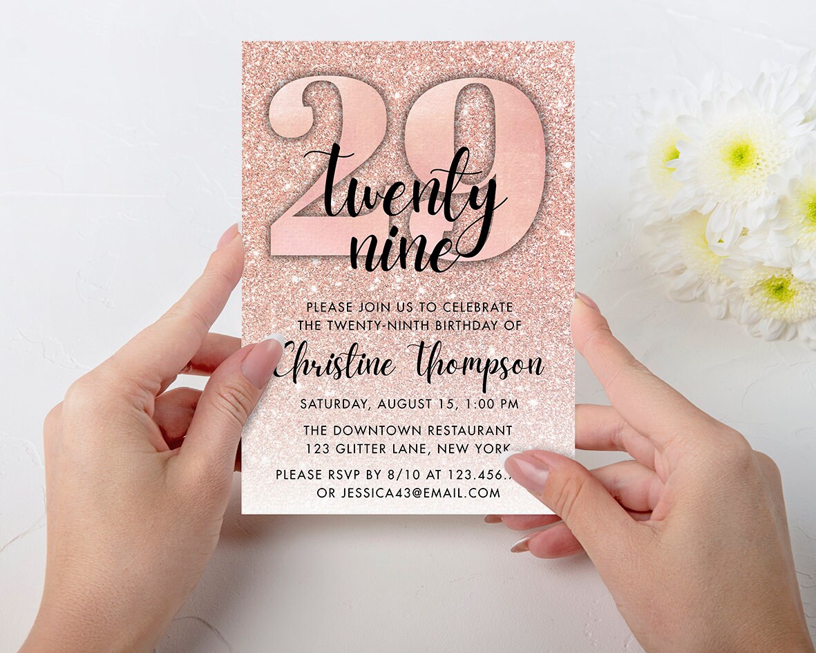 Rose Gold 29th Birthday Invitation, Glitter Birthday, Digital