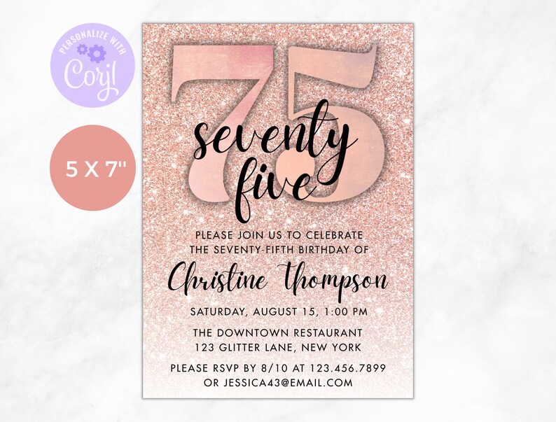 Rose Gold 75th Birthday Invitation, Glitter Birthday, Digital ...