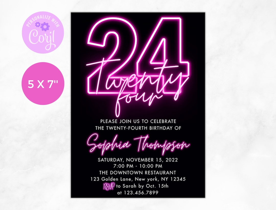 24th Birthday Invitation Twenty Four Birthday Pink Neon Birthday 24th-birthday-invitation-twenty-four-birthday-pink-neon-birthday