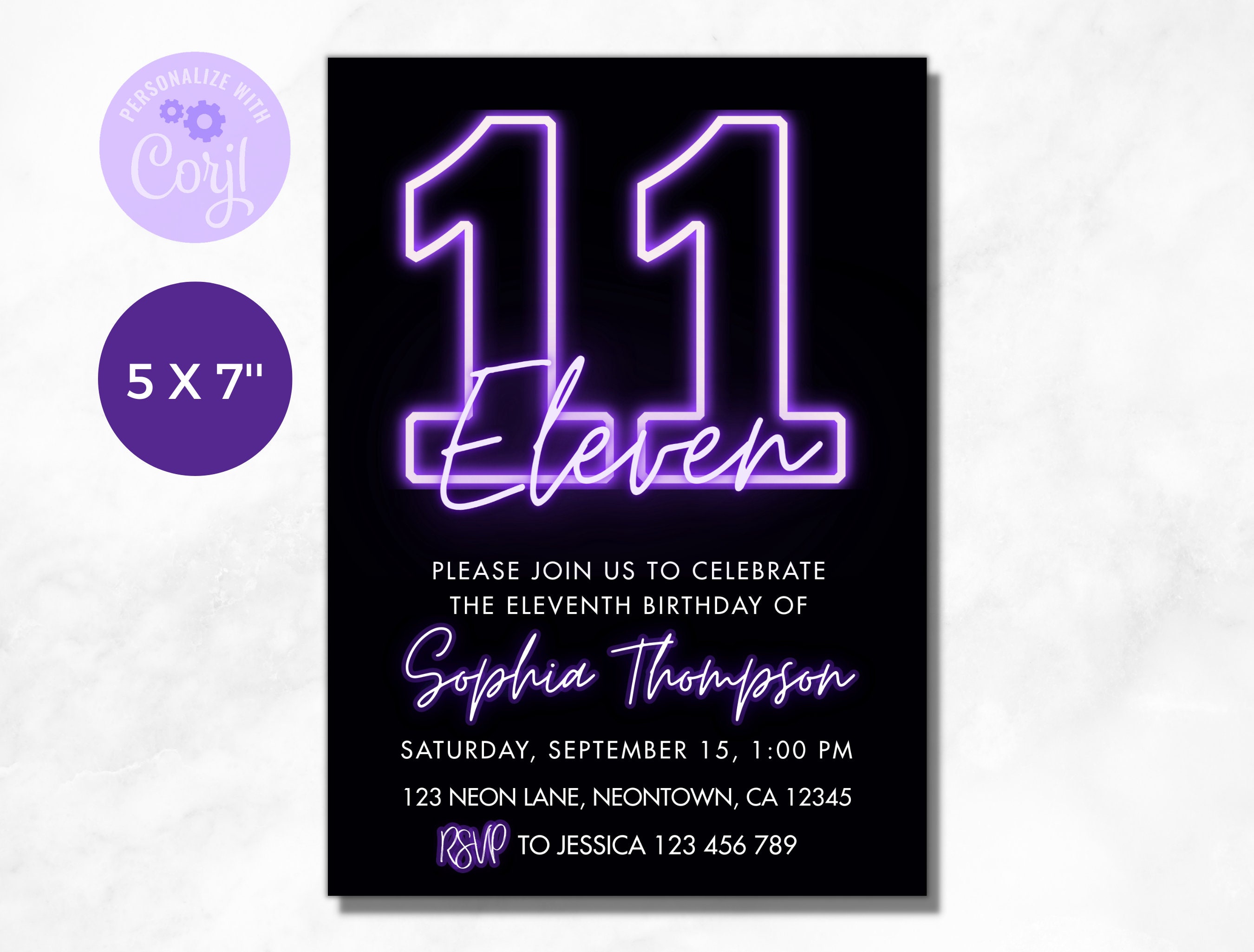 11th Birthday Invitation, Purple Neon Birthday Invitation, Eleven
