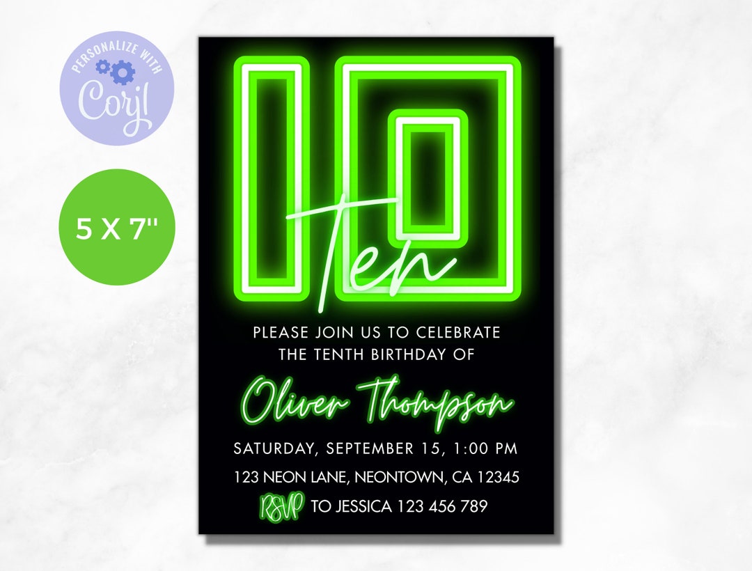 10th Birthday Invitation, Green Neon Birthday Invitation, Tenth