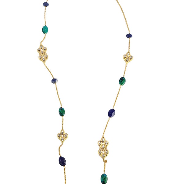 Alexis Bittar Outstanding 42" Long Necklace Malachite Lapis Lazuli Rhinestones Brand New with Tags 100% Authentic Very Rare. Great Gift