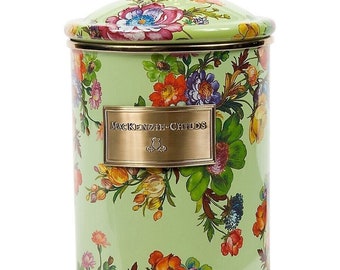 Mackenzie Childs New with Tags Flower Market Green Large Canister 5"Diam x 7"H, 9.75" with lid Capacity 64 oz.Weight, 2.4 lbs.100% Authentic