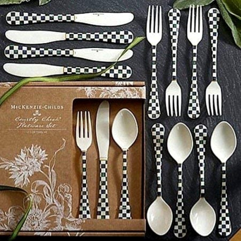 Mackenzie Childs 12 Piece Set Courtly Check Enameled Flatware Etsy