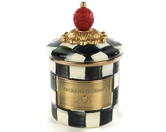 MacKenzie-Childs New with Tags Courtly Check Enamel Canister Mini. The size is 3.25" IN DIAMETER X 3.25" TALL-6" to Top, 100% Authentic