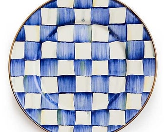 Mackenzie Childs Nice Royal Check Salad Plate, 8" Brand New  With Tags 100% Authentic Great Gift Hand Painted Heavy-gauge, hand-glazed steel