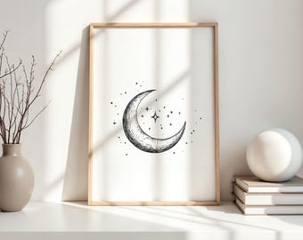 Minimalist Line Art Print - Moon & Stars A4 A3 Printable Wall Art – Modern Home Decor