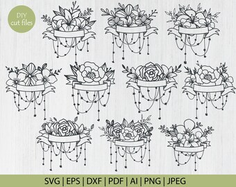 Download Clip Art Art Collectibles Flower Banner Svg Wedding Banner Svg Clip Art Svg Dxf Png Files For Silhouette And Cricut Printable Border Frame Floral Ribbon Banner