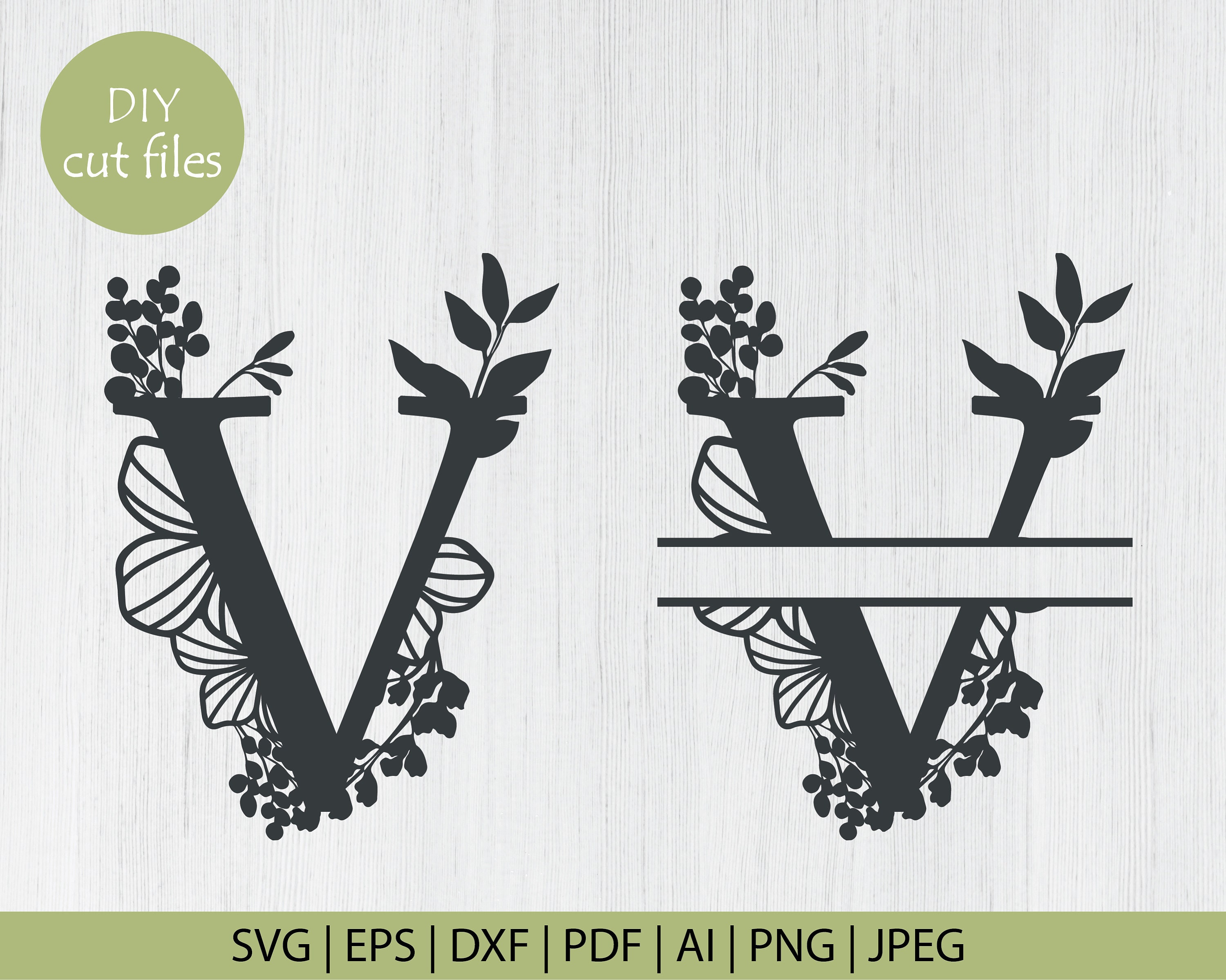 Download Botanical Floral Letter V Split Monogram Svg Split Monogram Etsy