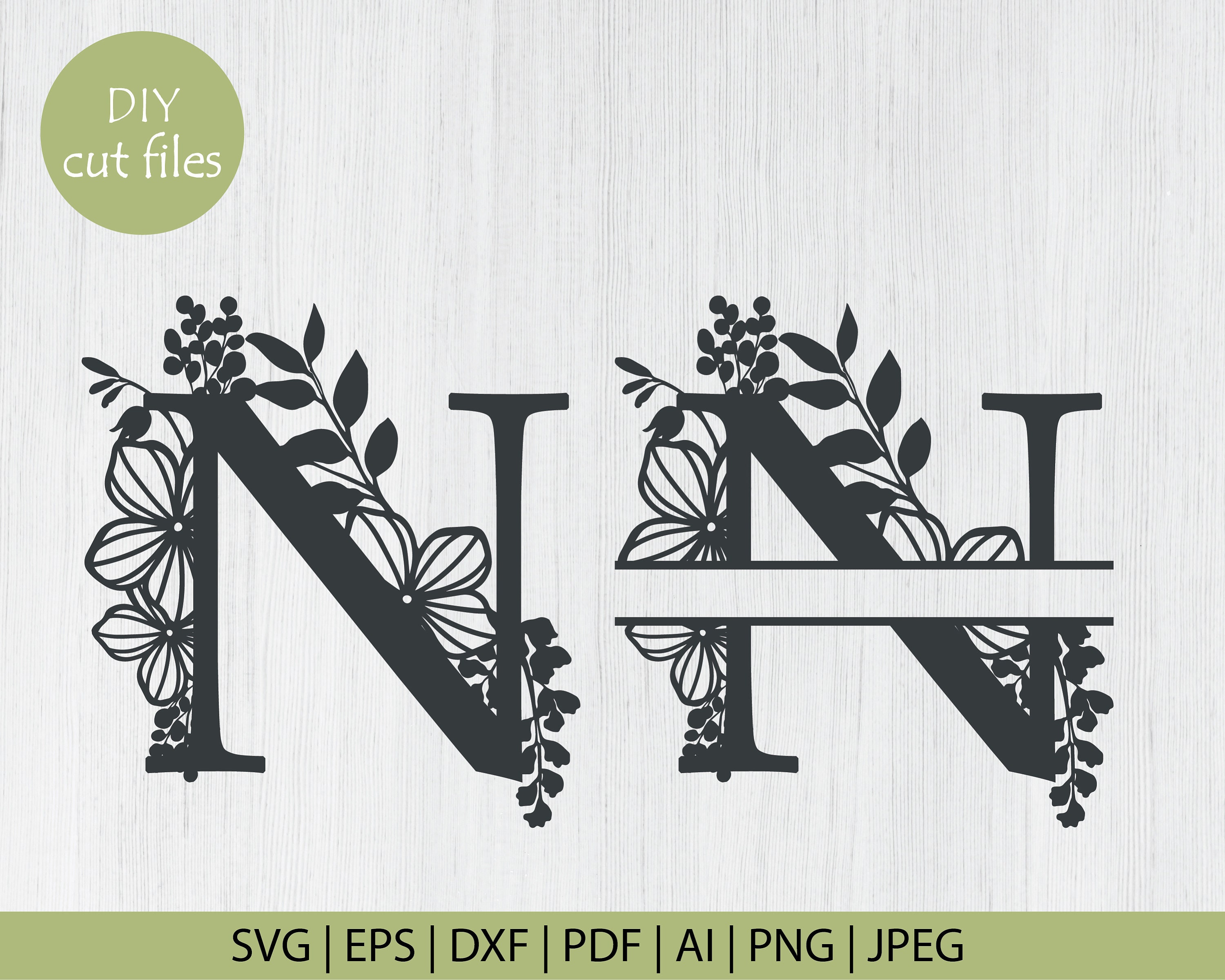 Botanical Floral Letter N Split Monogram SVG Split Monogram Etsy Canada