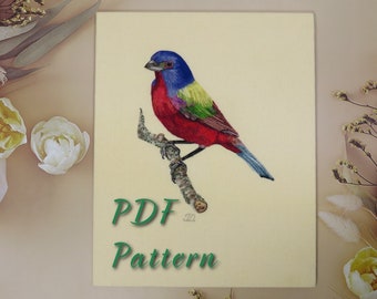 Hand Embroidery PDF pattern of a Painted Bunting Bird, instant download.