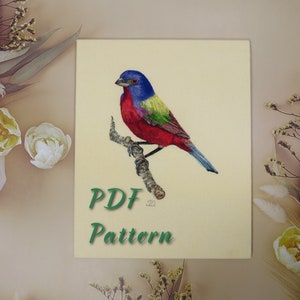 Hand Embroidery PDF pattern of a Painted Bunting Bird, instant download. image 1