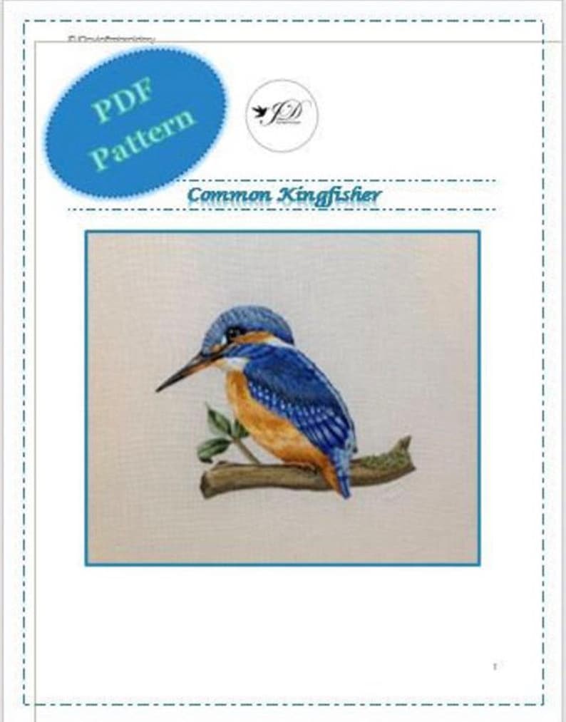 May include: A PDF pattern for cross-stitching a common kingfisher, a small blue and orange bird perched on a branch. The pattern is titled "Common Kingfisher" and includes a small logo with the initials "JD".