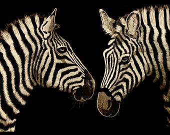 Hand Embroidered Zebra Artwork: Silk Needle Painting (8x10). Fits an 11x14” frame