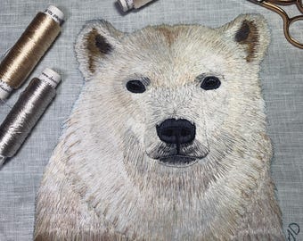 Original contemporary polar bear artwork. Endangered species art. Hand embroidered. 8x10”, fits an 11x14” frame.
