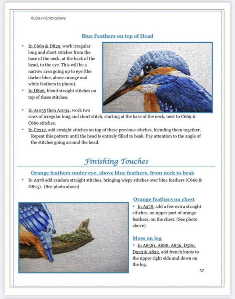 May include: A close-up of a kingfisher embroidery pattern with detailed instructions for stitching the blue feathers on the head, orange feathers under the eye, and moss on a log. The instructions include stitch types, thread colours, and placement details.