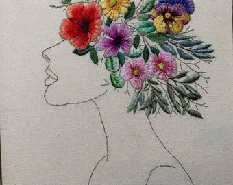 Hand Embroidered Floral Woman Portrait: Needle Painting Wall Art