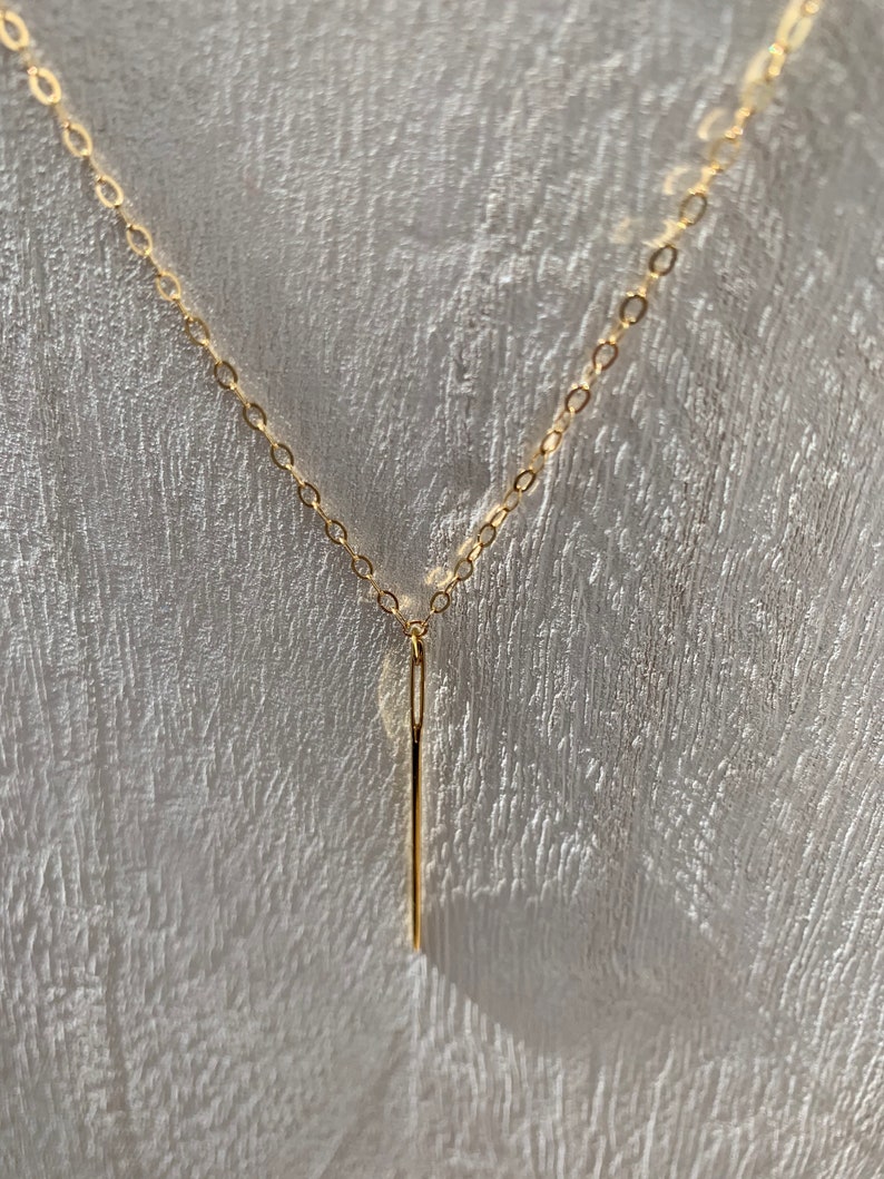 Gold needle pendant necklace, Real tapestry embroidery needle, 24k gold plated needle. image 5