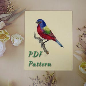Hand Embroidery digital booklet, PDF pattern of a Painted Bunting Bird, instant download.