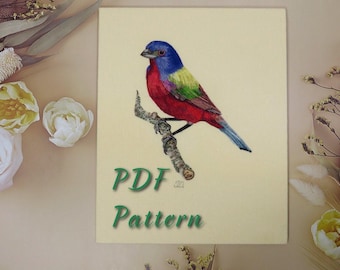 Hand Embroidery digital booklet, PDF pattern of a Painted Bunting Bird, instant download.