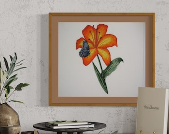 Hand Embroidered Lily and Butterfly Linen Artwork: Needle Painting