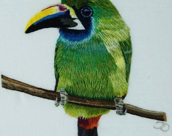 Original bird artwork. Contemporary art. Emerald Toucan Hand Embroidered Artwork. 8x10”, fits an 11x14” frame.