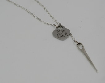 Silver Needle Charm Necklace “With Just a Stitch”, sewing, embroidery, quilting themed necklace