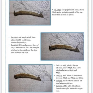 May include: A close-up of a cross-stitch embroidery pattern for a bird on a branch. The instructions for stitching the bird are written in black text on a white background. The instructions include details about the type of stitch to use and the placement of the stitches. The instructions are numbered and include the following text: "In A898, add 2 split stitch lines above A1086 on left side, connecting to A832. In A898, fill in and connect lines of A832. Leave room for a few straight stitches in the middle on the right side on lower left side. In A832, add 4 split stitch lines, above A898, going up in the middle of the log. Place them as seen in photo. In A375, split stitch a line on left side, above A898. Add a few stitches between A898 and A832. In A373, split stitch all open areas between A898 and A832 and fill in. In A373, fill in bottom area on left side between stitches. In A373, add 2 split stitch lines, from left to right, on the left upper side."