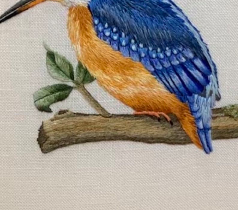 May include: A detailed embroidery of a blue and orange kingfisher perched on a branch. The bird's feathers are meticulously stitched with fine detail, creating a realistic depiction.
