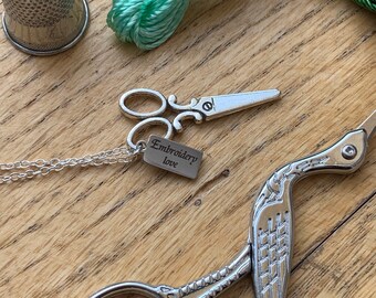 Sterling Silver Embroidery Scissor Charm Necklace: "Embroidery Love" Engraved