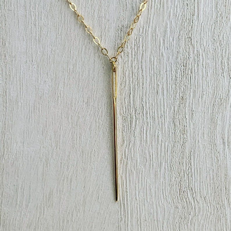 Gold needle pendant necklace, Real tapestry embroidery needle, 24k gold plated needle. image 1